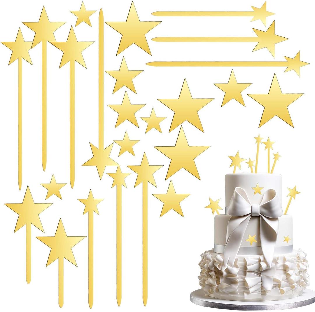 24 Pcs Star Cake Toppers, Pentagram Star Birthday Decorations, Glitter Twinkle Star Cupcake Picks for Wedding Baby Shower Birthday Party