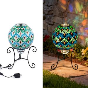 SAVENNA Mosaic Glass Fountain, Floor-Standing Lighted Water Feature with Quiet Pump, Indoor/Outdoor Decorative Accent Lighting for Garden & Patio, Fan-Inspired Multicolor Mosaic Sphere