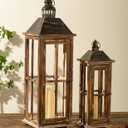 Large Farmhouse Wooden Decorative Lantern Set of 2, Rustic Distressed Brown Burnt Wood Floor Candle Lanterns, Indoor/Outdoor Hanging Lanterns for Home Decor (No Glass)
