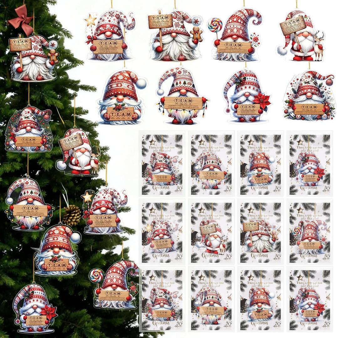 Vesici 24 Sets Gnomes Christmas Team Appreciation Gifts Team Thank You Ornaments Bulk with Motivational Card Inspirational Acrylic Hanging Gnomes Gift for Office Coworker Employee Xmas Tree Decoration (Red)