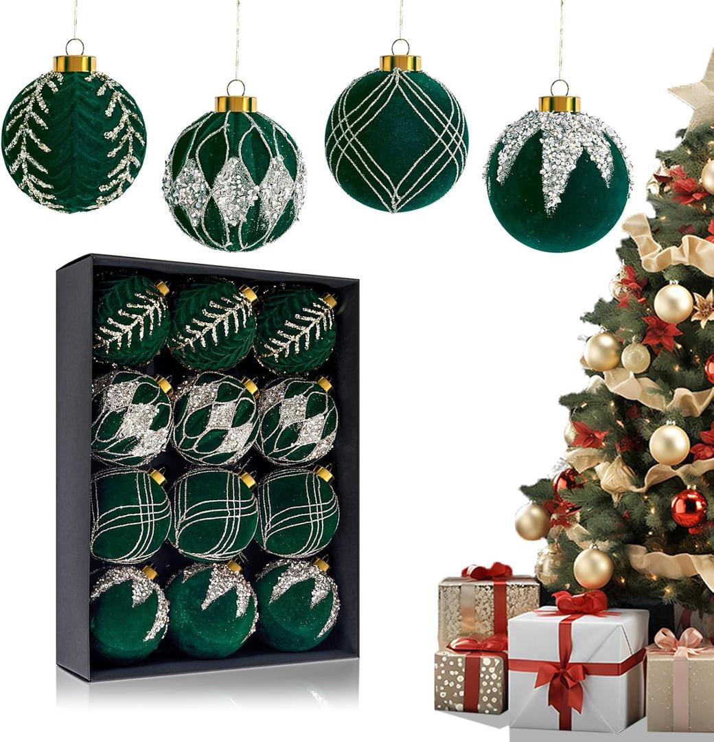 Ciaell 12PCS Dark Green Velvet Christmas Ornaments - 3.15inch Christmas Tree Balls - Shatterproof Plastic Balls Xmas Hanging Ornaments with Gift Box for Holiday Indoor Outdoor Decorations
