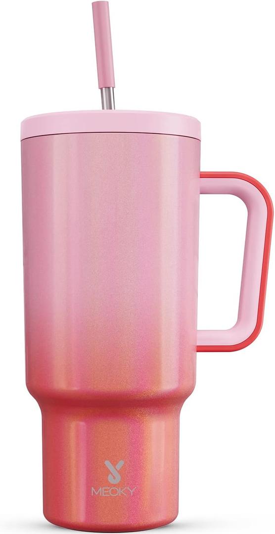 Meoky 40oz Tumbler with Handle, Leak-proof Lid and Straw, Insulated Coffee Mug Stainless Steel Travel Mug, Keeps Cold for 34 Hours or Hot for 10 Hours (Flamingo)