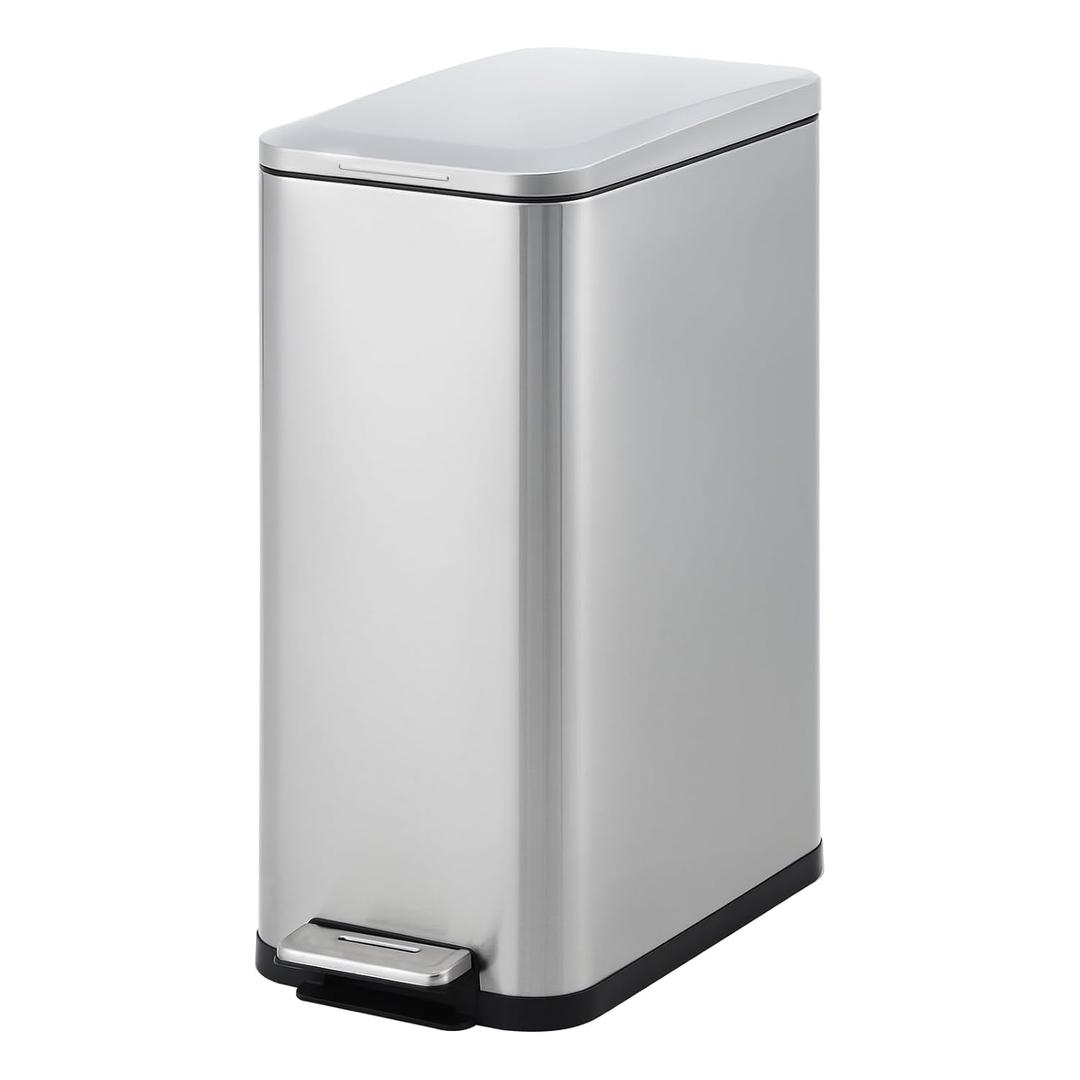 Garvee 13 gal Kitchen Trash Can, Stainless Steel Step Garbage Bin with Soft-Close Lid & Removable Bucket, Fingerprint Proof, Slim for Narrow Spaces, Bathroom or Office (Silver)