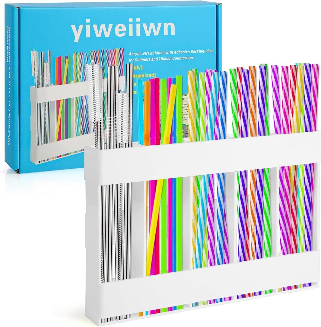 Acrylic straw holder with double-sided tape,cabinet straw organizer,Straws dispenser,suitable for cabinets and kitchen countertops (white)