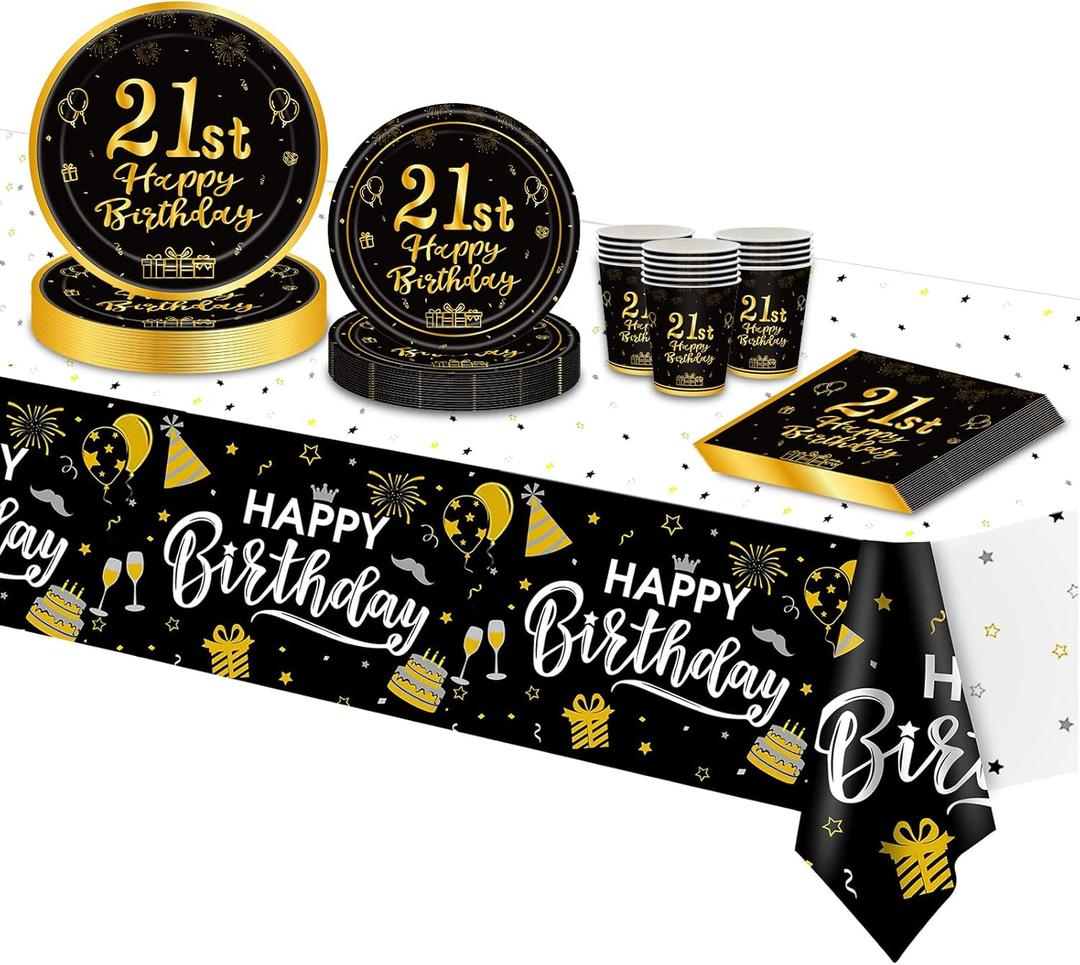 21st Birthday Decorations Party Supplies Tableware Set, Black Gold Disposable Paper Party Plates Cups Napkins Tablecloth Happy 21st Birthday Decorations for Boy Girls Men Women 16 Guests