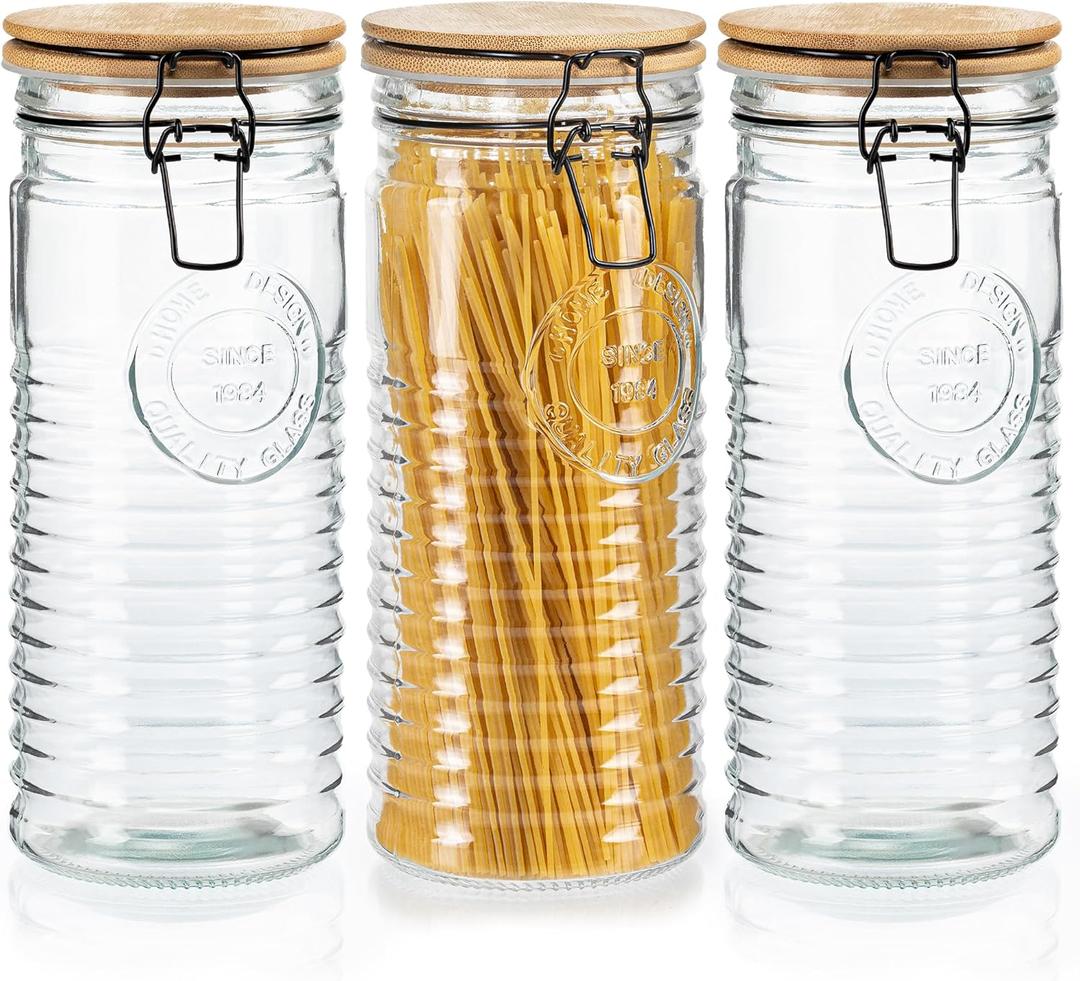 kitchentoolz Glass Storage Canister with Airtight Clasp Lids - Set of 3 Mason Jar Storage Containers for Cereal, Coffee & Rice - 56 Ounce Pantry Organizing Canister Set