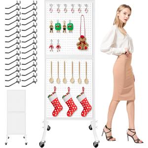 Royxen Large Standing Pegboard Display with T-Base, 2 x 5.4 Feet Metal Pegboard Display Stand with 30 Hooks, Peg Board Panels with Wheels for Vendors, Home and Retail Store (White)
