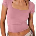Womens Square Neck Short Sleeve Crop Tops Double Layer Tight T Shirts Cropped Basic Tee (Large, Pink)