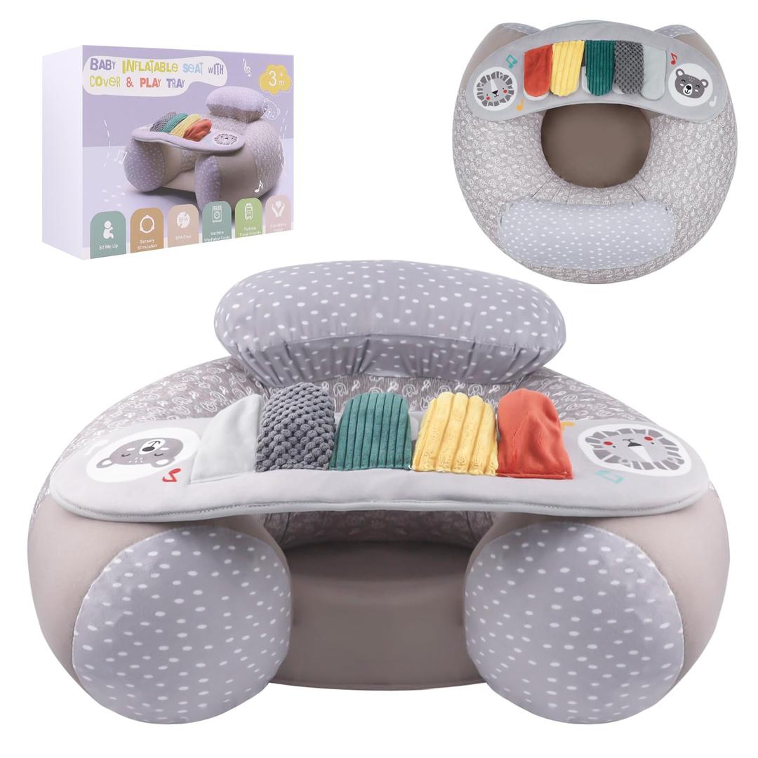 Upgraded Blublu Park Baby Donut Sit Me Up Floor Seat for 3-36 Months, Wider U-Shape Inflatable Baby Seat with Cover, Activity Chair for Sitting up, Sensory Tray Suitable for Development, Piano