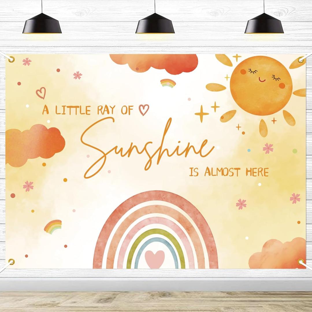 7x5ft Boho Sunshine Baby Shower Backdrop - A Little Ray of Sunshine is Almost Here Banner, A Little Sunshines is on The Way Baby Shower Backdrop Party Decorations