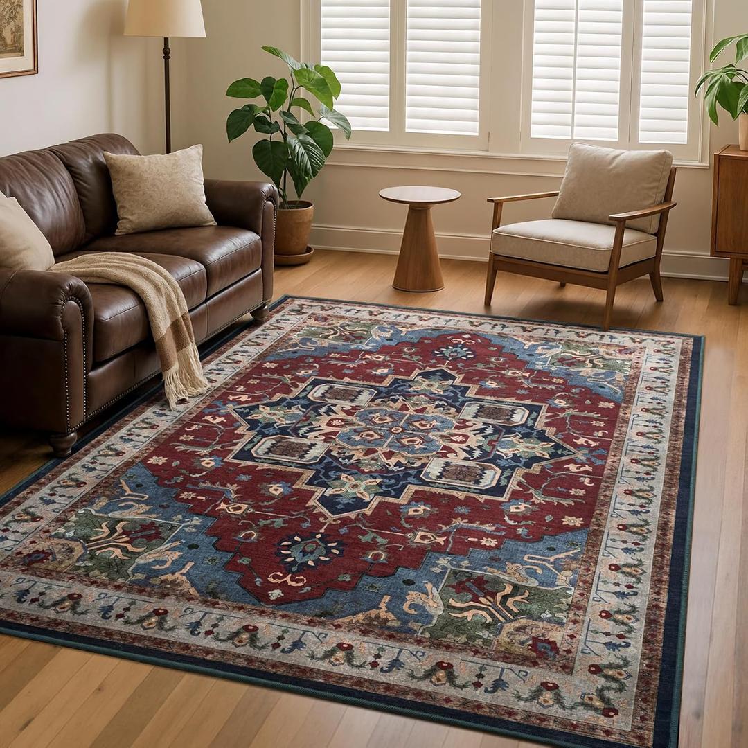 5x7 Vintage Area Rug for Bedroom Living Room, Machine Washable Non Slip Indoor Rug, Thin Throw Floral Floor Low Pile Distressed Carpet for Dining Room Farmhouse Office Red