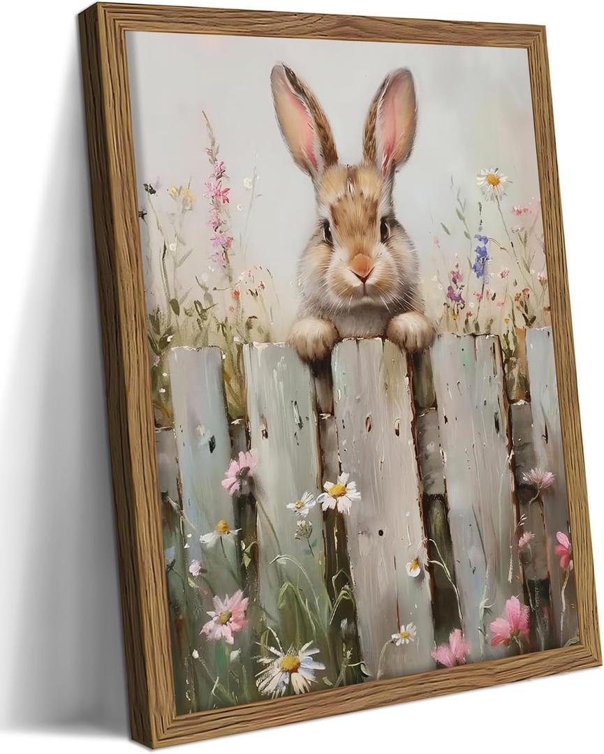Framed Easter Bunny Wall Art, Cute Rabbit on Wooden Fence Poster Prints, Vintage Cottage Farmhouse Canvas Artwork, Rustic Easter Holiday Wall Decor for Kids Room Girls Bedroom Living Room 8x10in