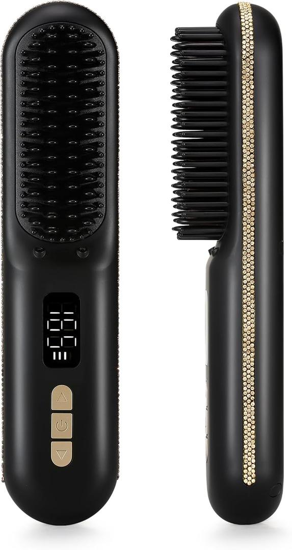 Cordless Hair Straightener Brush, Go Brush Pro, Portable Crystal Diamond Bling Mini Straightening Brush for Travel, Negative Ion Hot Comb with 9 Temps, Anti-Scald Ceramic, Fast Charging for Women