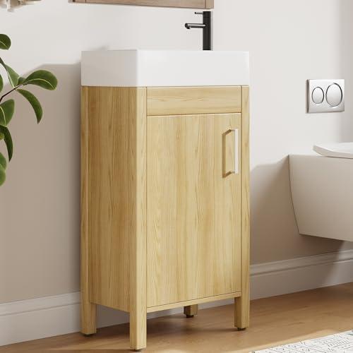 Garvee 16" Bathroom Vanity with Sink, Freestanding Bathroom Sink Cabinet with 2 Soft-Closing Doors & Large Storage Drawer, Wood Vanity Cabinet, Easy Assembly & Cleaning, Natural Wood