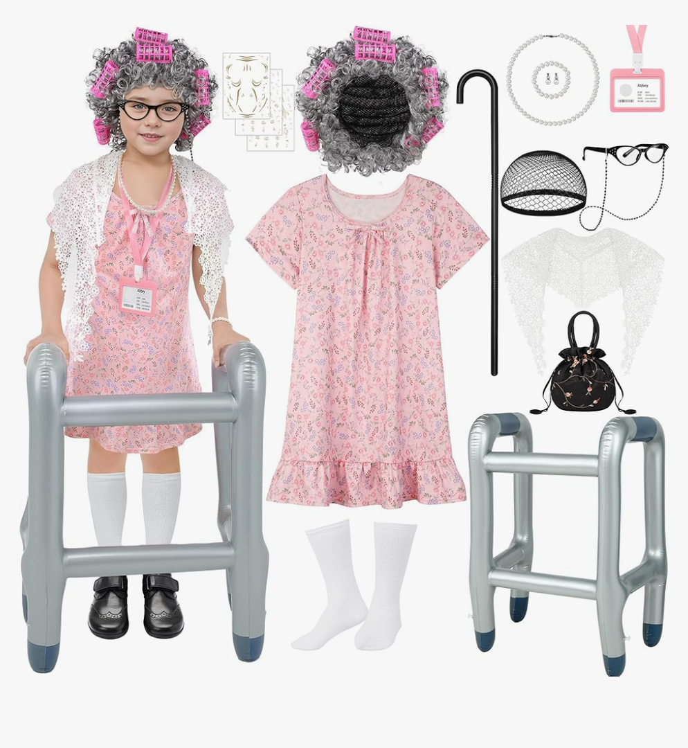 SOMSOC 13 Pcs Old Lady Costume for Kids Girls 100th Day of School Grandma Costume Granny Dress with Shawl Wig for Cosplay 5-7Y
