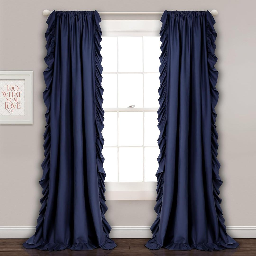 Lush Decor Reyna Ruffle Window Curtain Panel Set, Pair, 54" W x 84" L, Navy - Flowy Curtain Set - Romantic Ruffle Curtains for Bedroom, Living room, or Dining Room - Farmhouse & Cottage Home Decor