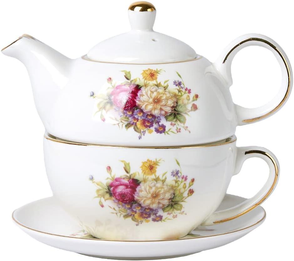European Porcelain Tea for One, Vintage Floral Teapot and Saucer Set, Gold Trim Floral Teapot, Tea Cup with Saucer Set