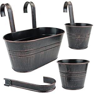 3 Pcs Metal Wall Hanging Planter Pots, Vintage Flower Pots for Railing Fence, Hanging Bucket Pots, Window Flower Plant Holder with Detachable Hooks Home Decor  3 Pcs Metal Wall Hanging Planter Pots, Vintage Flower Pots for Railing Fence, Hanging Bucket Pots, Window Flower Plant Holder with Detachable Hooks Home Decor