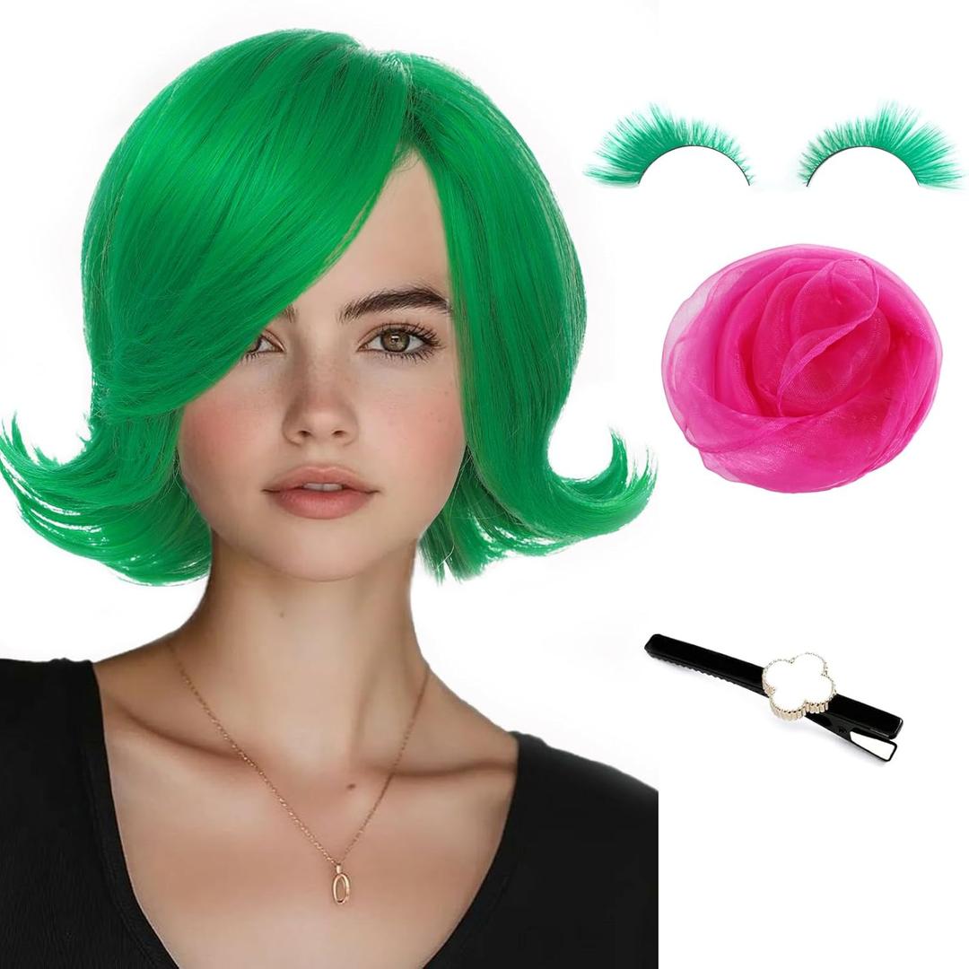 Green Wig for Women No Inside Outward St Patricks Day Green Flip Wig Emotion Side Part Bob Costume Wig for Party Halloween Cosplay