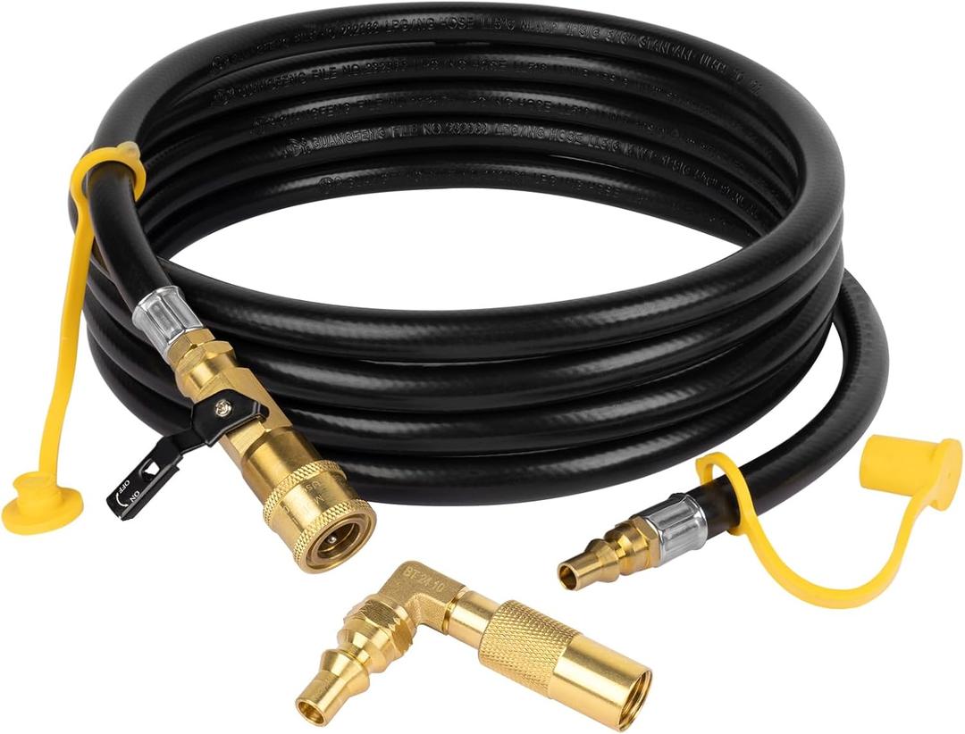 GASPRO 12FT Quick Connect Propane Hose for RV with Elbow Adapter, For Blackstone 17" and 22" Table Top Griddle, with 1/4 Inch Shutoff Valve & Male Full Flow Plug
