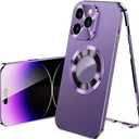 Magnetic Metal Edge Full Body Military Drop Protection for iPhone 15 Pro Case,Compatible with MagSafe,Rugged Built-in Privacy Screen Protector Logo View Shockproof Cover,Purple