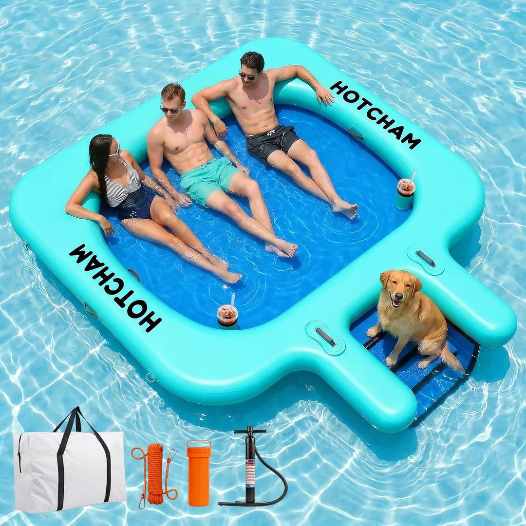 Water Hammock Inflatable Floating Dock with Ramp, Heavy Duty Lake Raft Floating Island Platform, Large Tanning Pool Lounger with Cup Holders for Party