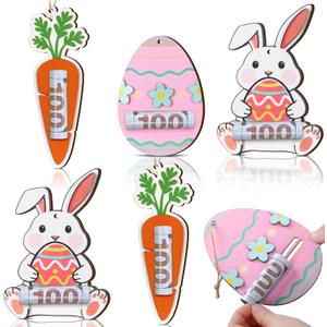 RattanView 6 Pcs Easter Bunny Money Holder Wooden Rabbit Gift Cards Easter Basket Stuffers for Toddlers Eggs Bunnies Carrot Cash Holder Bulk Card Money Gifts Bunny Moneyholder Cash Gifts Ideas