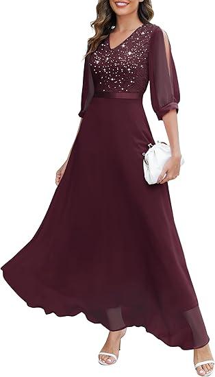Wedtrend Women's Sequin Dresses Sparkly Glitter Dress Split Sleeves Formal Dresses Maxi Evening Dress, M