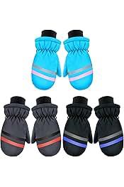 SATINIOR 3 Pairs Kids Winter Snow Mittens Waterproof Ski Mittens Windproof Unisex Gloves for Children Outdoor Activities