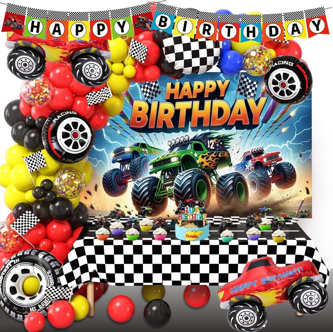 Monster Huge Truck Birthday Party Decorations Kit Including Truck Backdrop, Balloon Garland, Tablecloth, Cake topper