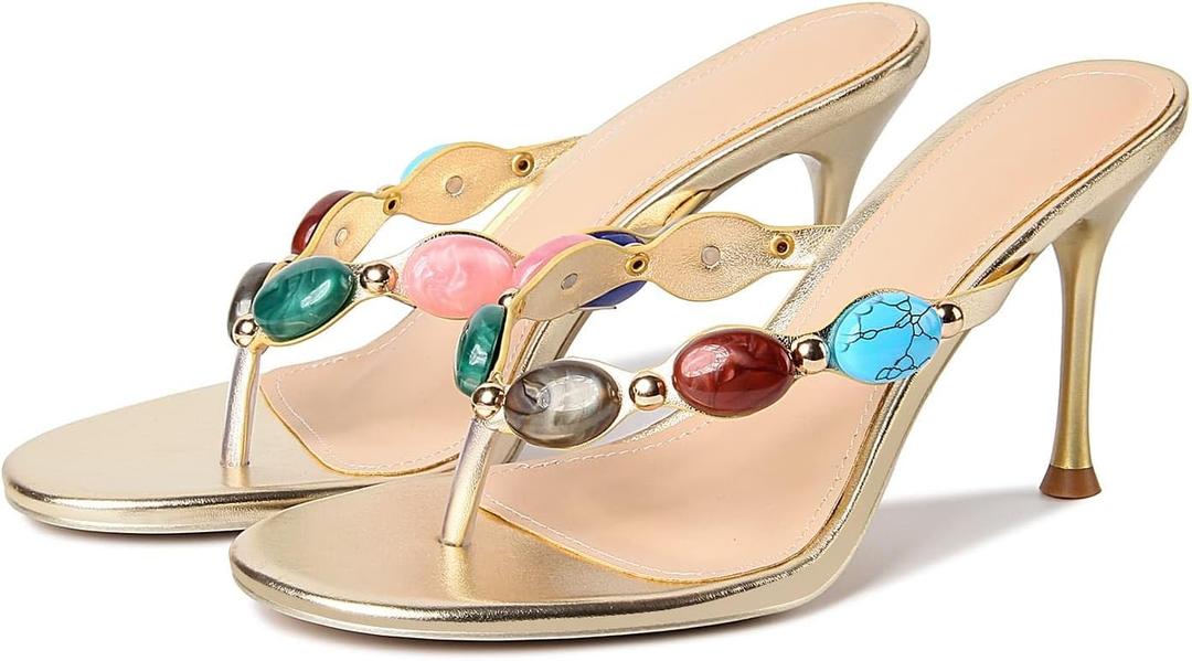 DREAMSTORY Womens Jeweled Heeled Sandals Beaded Flip Flop Summer Thong Heel | Colorful Gemstones Embellished, Strappy Beach Kitten Heels, Open Toe Slip on Mules, Casual Vacation High Heels (Gold, 9.5)