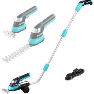 DURATECH Cordless Hedge Trimmer, 7.2V 3-in-1 Handheld Electric Grass Trimmer & Hedge Shears with 50" Wheeled Extension Pole, USB Type-C Cable and Built-in Li-ion Battery, for Garden, Yard and Lawn