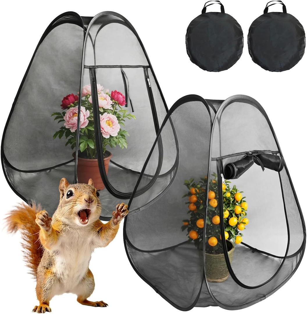2PCS Pop Up Plant Protector with Bottom from Animals, Large Mesh Plant Protection Enclosure Tent Insect Barrier Garden Netting Cover Black Crop Cage for Potted Plants Flowers Fruits, 28X28X32Inch