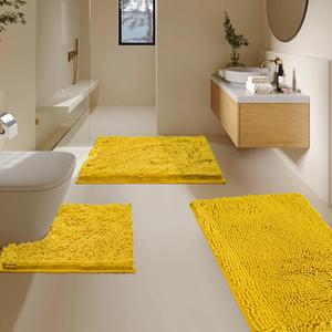 Bathroom Rugs Sets 3 Piece, Super Soft Absorbent Bath mat Set,with U-Shaped Toilet Rug,Strong PVC Underside Bathroom Rug,Antiskid Bath mats Washable Toilet mat, Yellow (1'4" x 2'8" (16"24"+20"x20"U shape+20"x32"))