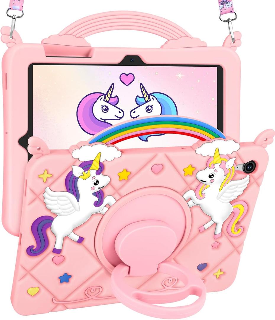 Uppuppy for Galaxy Tab S10 FE 5G Case/Tab S9 FE Case - Cute Cartoon Kawaii Unicorn Teen Girls Women Tablet Cover with Rotating Stand & Strap Soft Silicone Funda for Samsung Tab S9FE/S10FE 10.9 Inch (Pink)