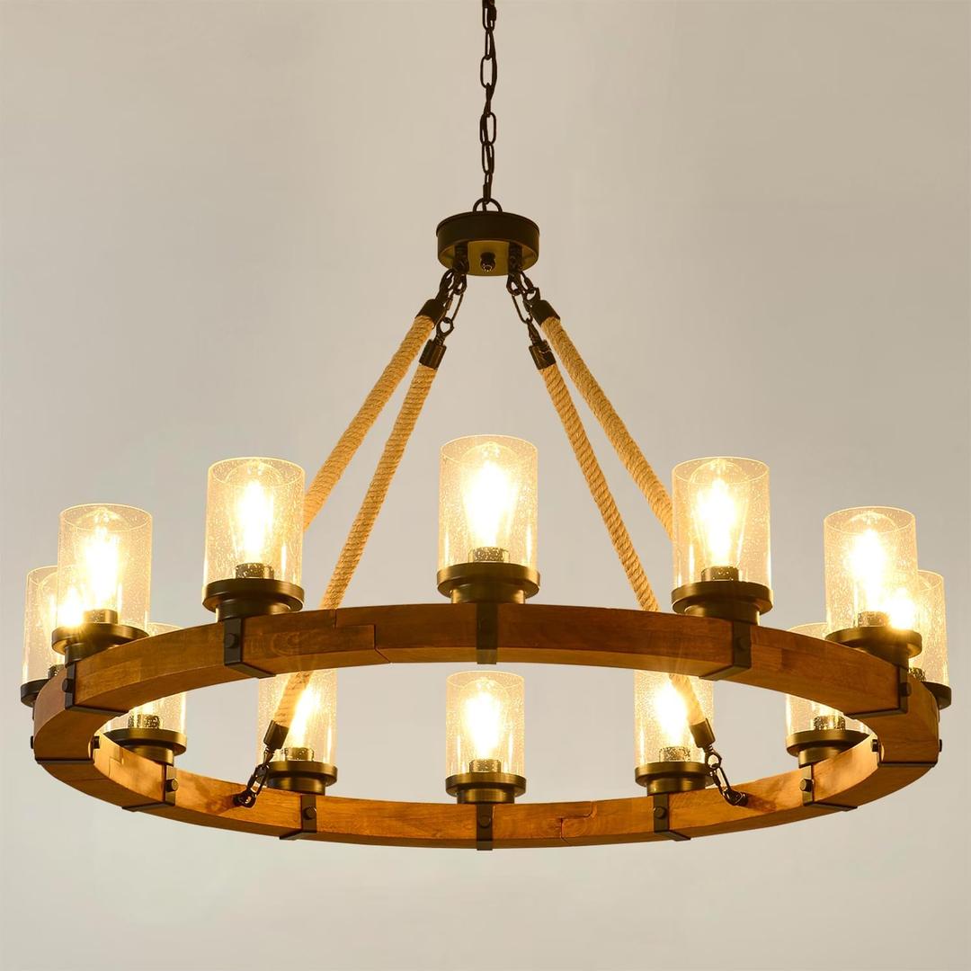 Rustic 12 Light Wagon Wheel Chandelier, Round Wood Pendant Light with Seeded Glass Shade, Rustic Light Fixtures for Dining Room Kitchen Island Foyer Entryway