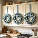 4 Pcs Small Blue Daisy Flower Hanging Wreaths for Cabinets with White Floral Eucalyptus Leaves Lavender Artificial Grains Mini Candle Rings Wreath for Home Front Door Farmhouse Coastal Blue Porch