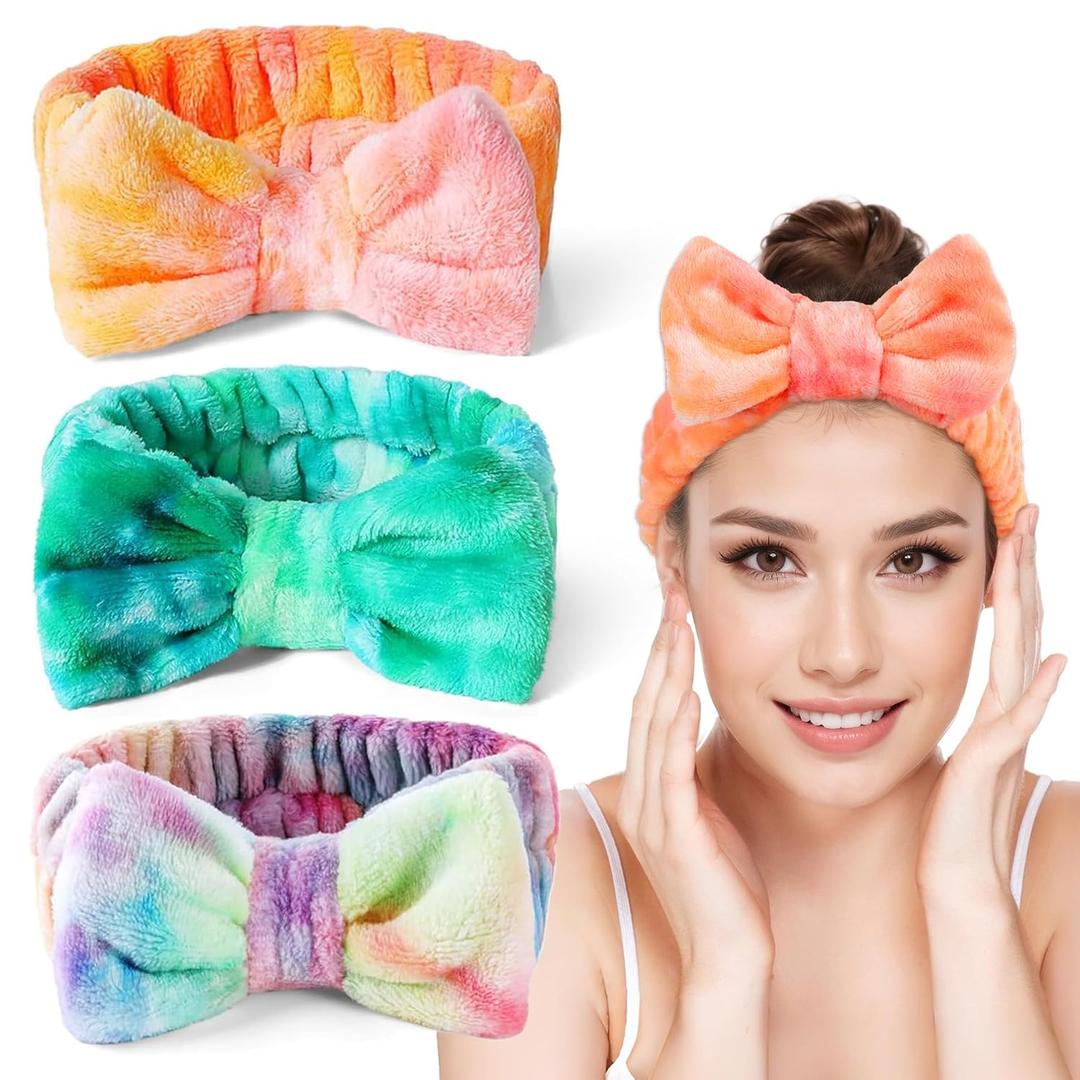 LADES Soft Skincare Headband  Adjustable, Comfortable & Stretchy Fabric, Cute Patterns for Makeup, Facial  Non-Slip, Headband for Hair Control (3 pack-Gradient Rainbow,Orange,Green)