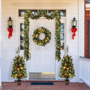VINGLI Pre-lit Christmas Tree 5-Piece Set with LED Lights, Christmas Garlands, Wreath and Set of 2 Entrance Trees Artificial Christmas Porch Decorations Indoor Outdoor (Green)