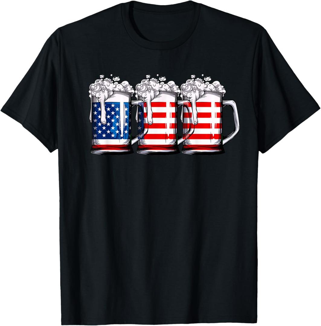 Beer American Flag 4th of July Men Women Merica Drinking USA T-Shirt (Small, Black)
