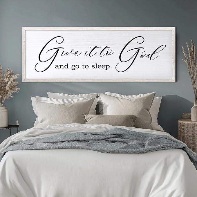 Give It To God And Go To Sleep Sign Wall Decor 32x12 Inch Large Farmhouse Master Bedroom Above Bed Hanging Wall Art Rustic Guest Room Wood Framed Over Bed Wall Decoration (White)