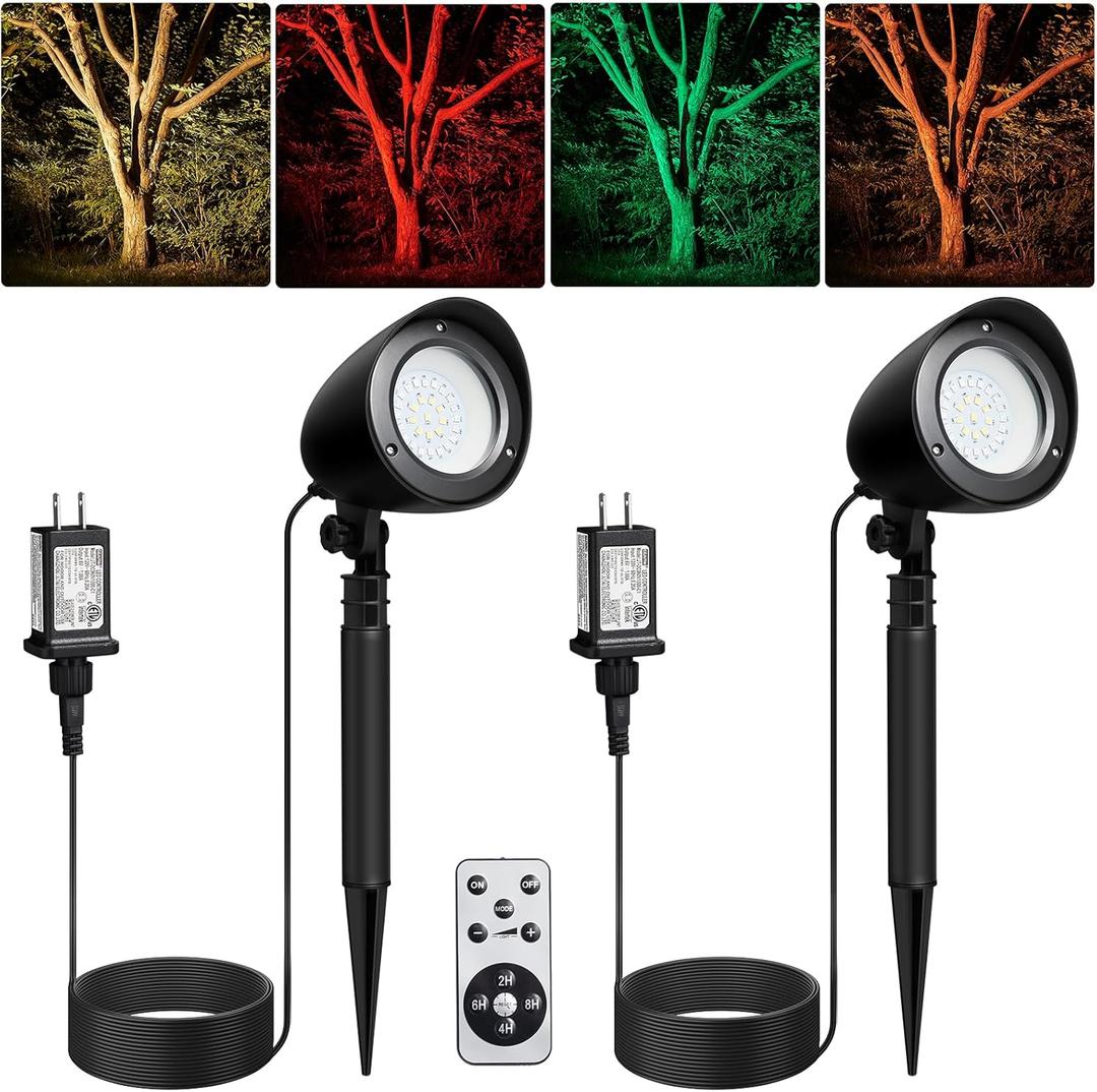 SURAIELEC Christmas Spotlight Outdoor, Remote Control LED Spotlights with Timer, Plug in Yard Spotlight for Trees, Garden Holiday Decor, Red Green Yellow Warm Glow, Waterproof, 10FT Cord, 2 Pack