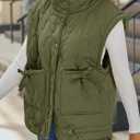 Cicy Bell Womens Puffer Quilted Vest Lightweight Stand Collar Cap Sleeve Jackets Button Down Padded Gilet Winter Outerwear (Green)