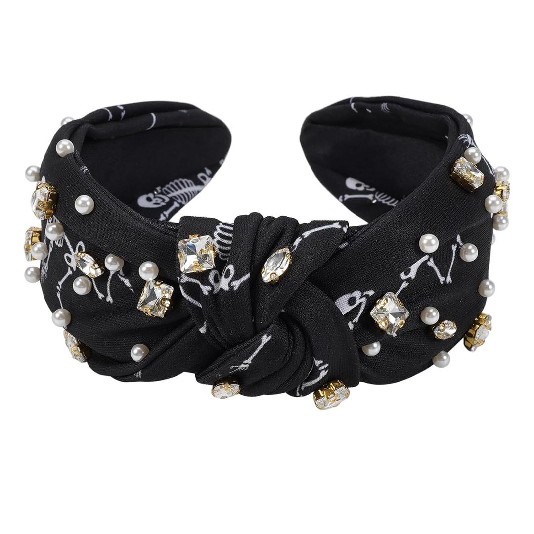 Halloween Rhinestone Jeweled Headbands for Women, Knotted Skeleton Hair Hoops