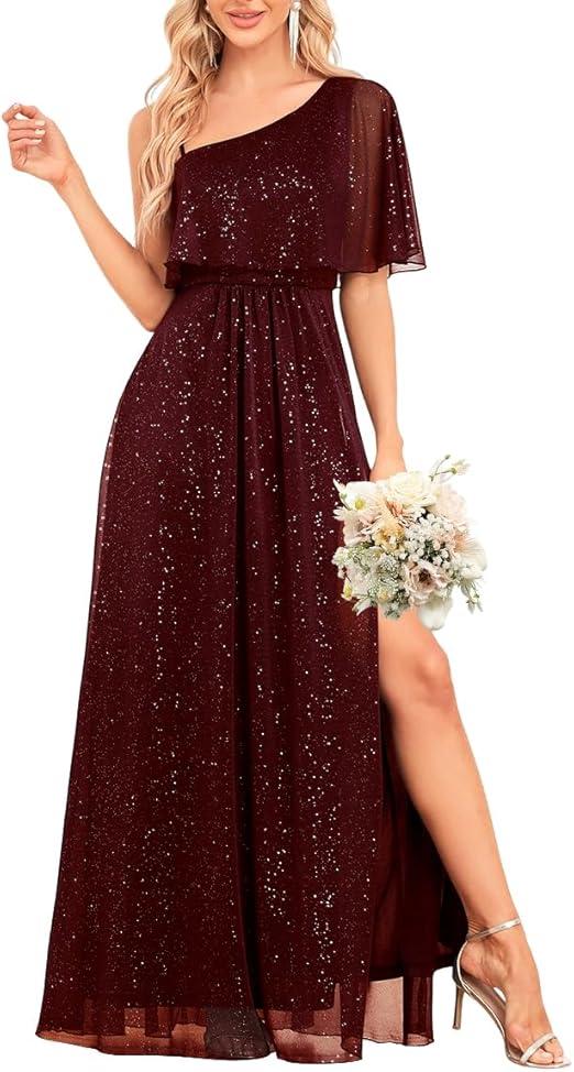 Women's Formal Evening Gowns Dresses Long Glitter One Shoulder Elegant A Line Split Wedding Guest Ball Dress
 Size XL