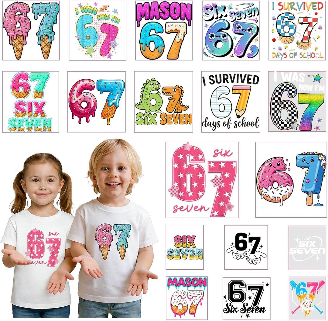 Funny Six Seven 67 Meme Iron on Transfers，18 Sheets 6 7 Theme Dtf Transfers Ready to Press，Kids 67 Ice Cream Drip Meme Patches for Tshirts Bags Hats Clothes(Holiday Gift), Funny Six Seven-18pcs