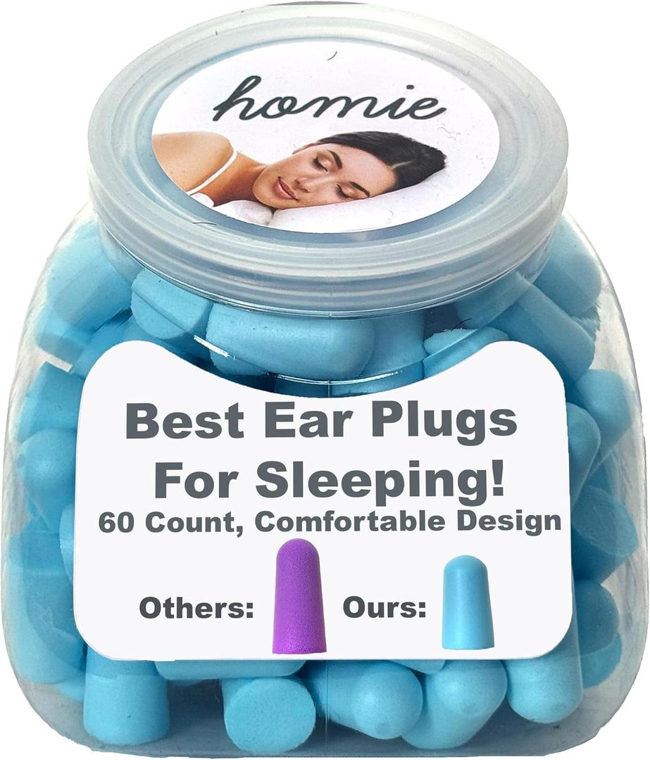 Homie Foam Earplugs for Sleeping, 60 Pair - 33dB Highest NRR, Comfortable Ear Plugs for Sleeping, Snoring, Travel, Concerts, Studying, Loud Noise, Work (Blue, 60 Count)