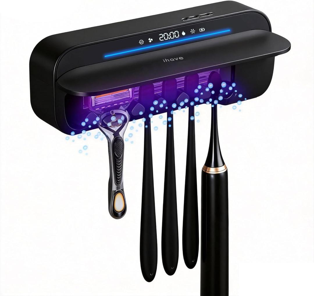 iHave Toothbrush Sanitizer Holder with 360 Disinfection, Mold & Odor Removal | Auto-Cycle UVC, 100M Ions & Fan Drying | Wall Mounted 5-Slot Toothbrush Holders for Bathrooms, Toothbrushes & Razor (Black)