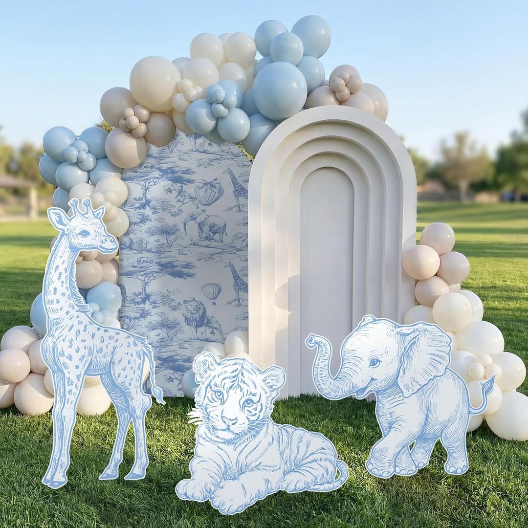 Eaasty 3 Pcs Blue Toile De Jouy Safari Baby Shower Decoration Large PP Plastic Animal Stand Ups Signs Decor Chinoiserie Safari Animals Cutouts Party Decor for Wild One Birthday Photoshoot Decoration
