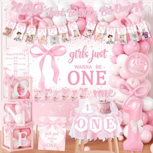 Pink Bow 1st Birthday Decorations, Girls Just Wanna Be One Birthday Decorations Kit Include Pink White Balloon Arch,Backdrop,Banner,Balloon Boxes,High Chair Banner,Bow Tablecloth,Bow Cupcake Toppers